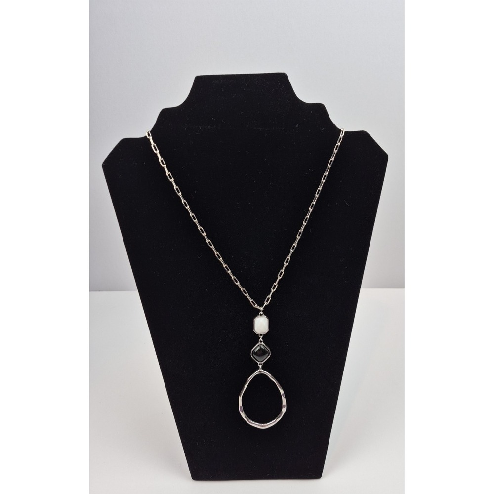 Lane Bryant 35" Silvertone Paperclip Chain Necklace Black White Enamel Geometric